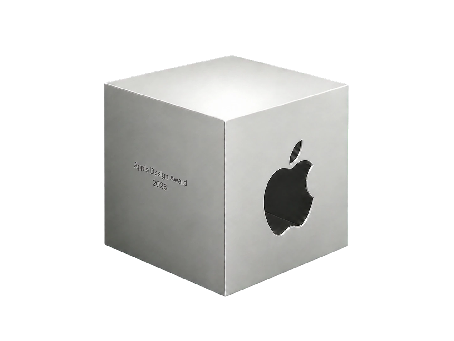 The silver 2026 Apple Design Award trophy with an Apple logo cutout