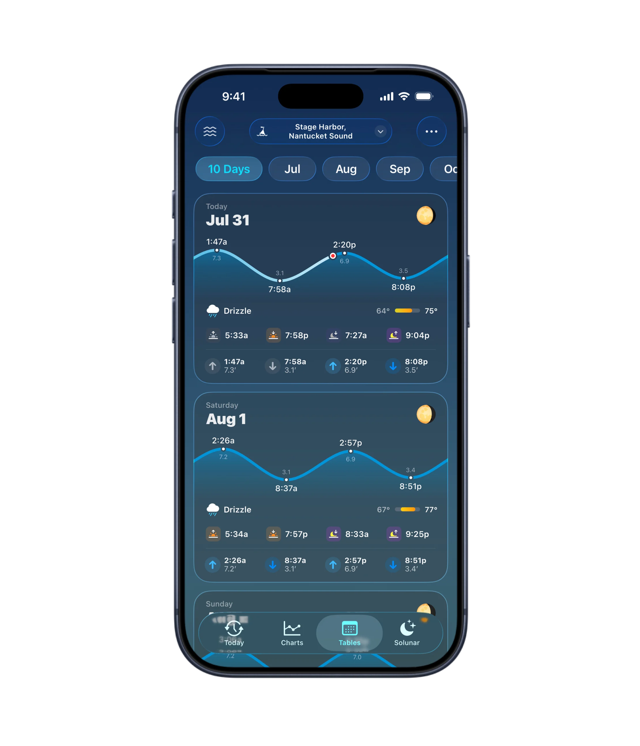 Tide Guide tide tables with daily curves and marine conditions on iPhone